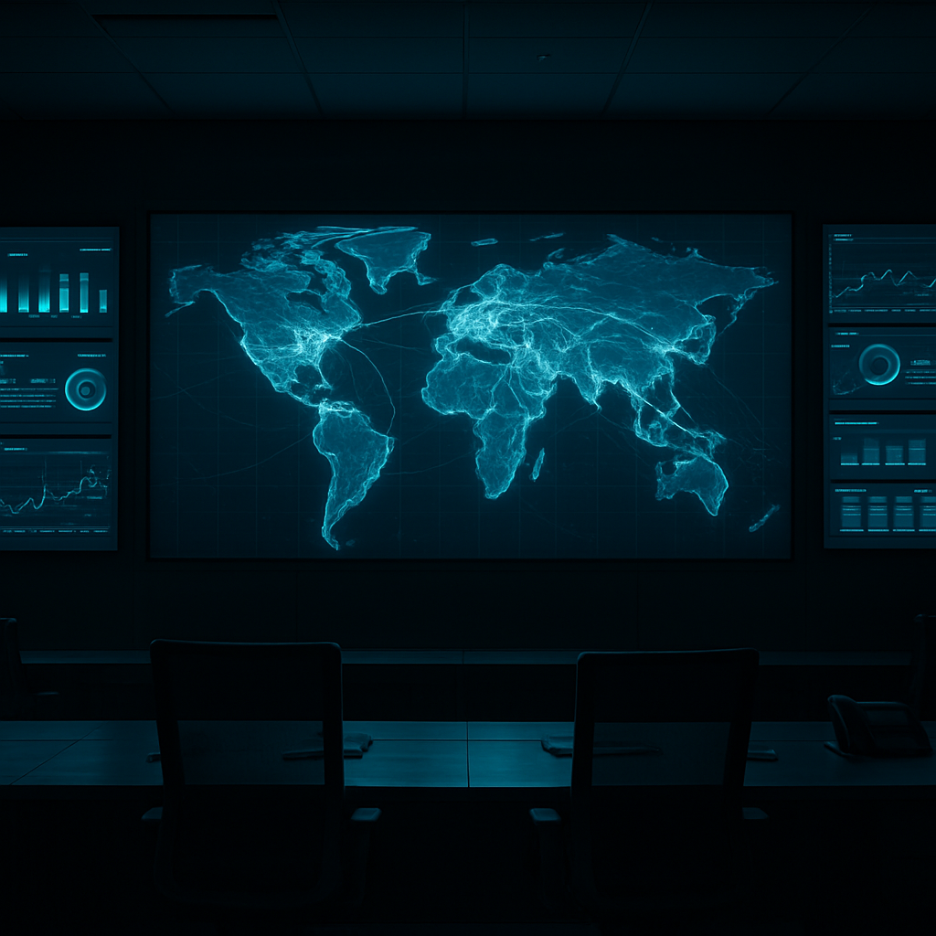 A logistics control room with large monitors displaying a glowing world map and shipping route data